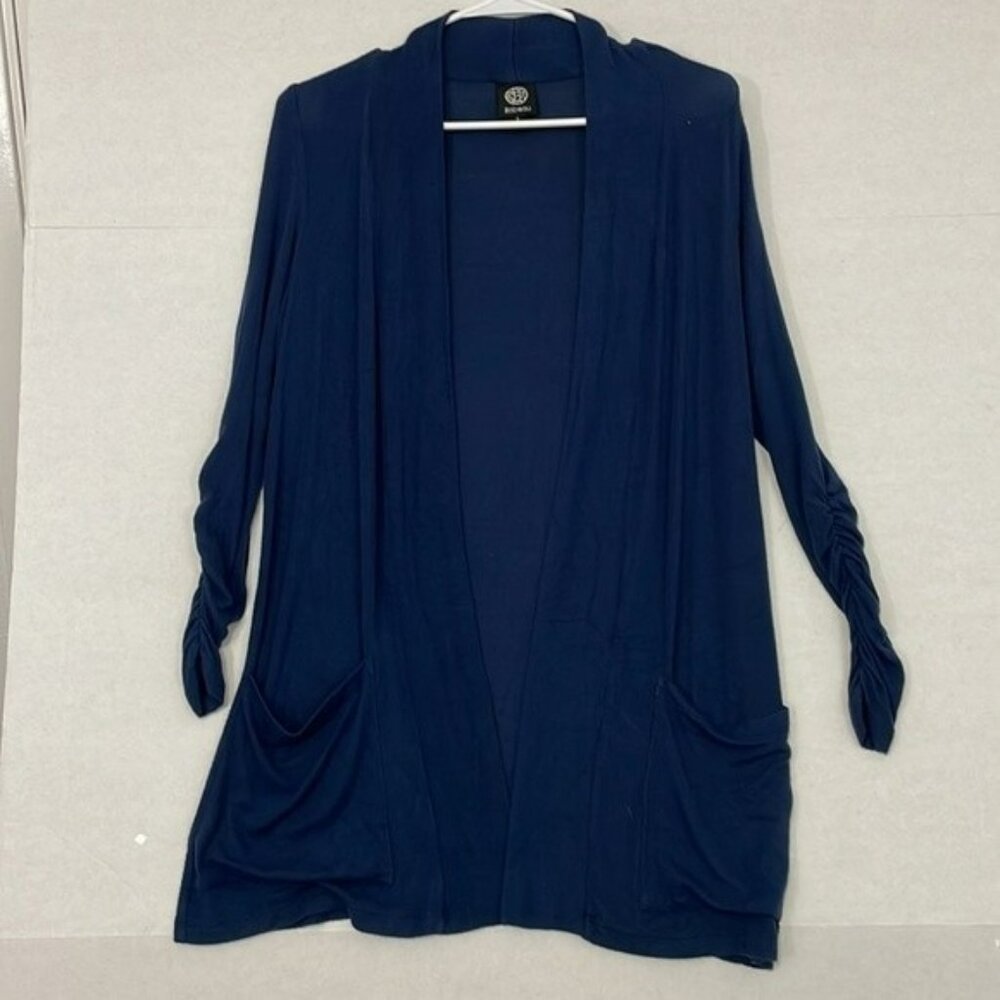 Bobeau Long Cardigan with Pockets, Ruched Long Sleeves, Blue, Small